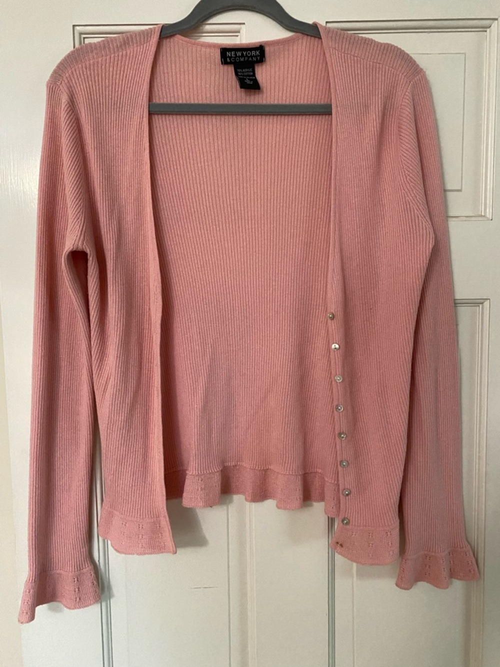 New York & Company Pink Ribbed Button-Trim Cardigan